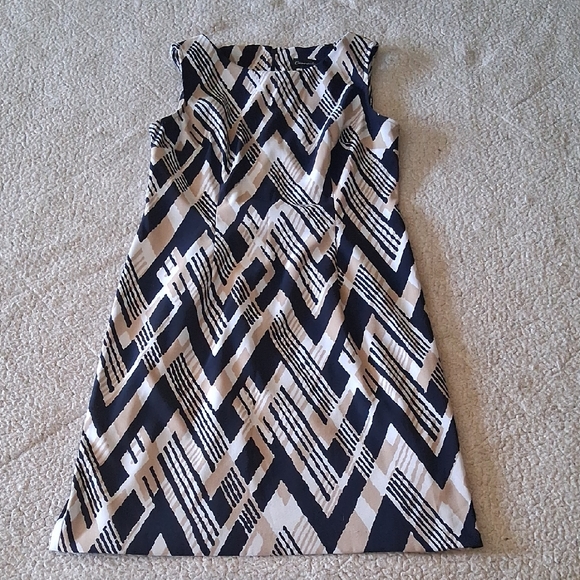Connected Apparel Navy and Cream Geometric Midi Dress - Picture 1 of 6